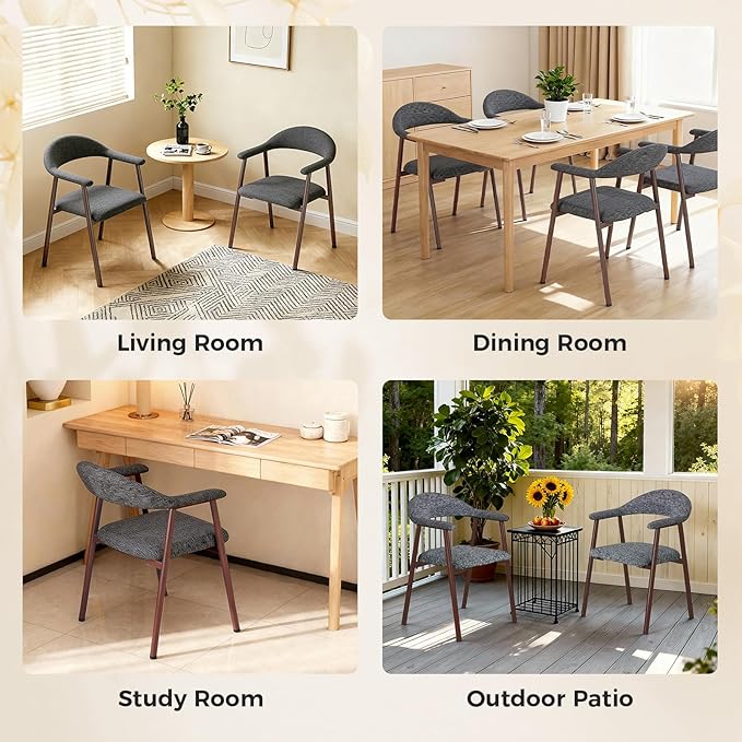 DUMOS Dining Chairs Set of 2, Modern Linen Fabric Upholstered Kitchen Side Chairs with Curved Backrest, Accent Farmhouse Metal Chairs for Kitchen Dining Room Restaurant Cafe, Gray