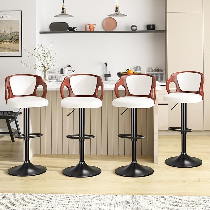 VECELO BarStools Set of 2,Counter Height Stools with Bentwood Back&Arm, Swivel Barstools,PU Leather Kitchen Island Stools, Adjustable Height Bar Chairs for Club Pub Dining Room,White