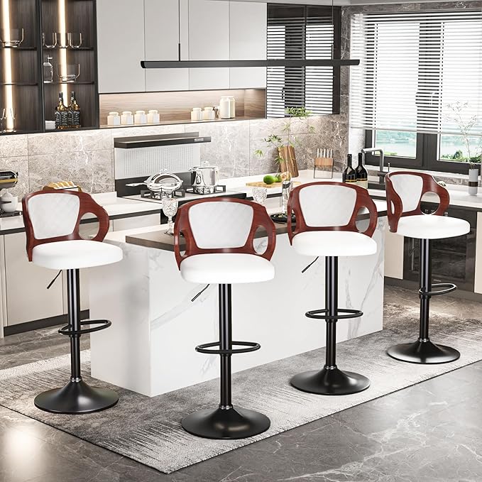 VECELO BarStools Set of 2,Counter Height Stools with Bentwood Back&Arm, Swivel Barstools,PU Leather Kitchen Island Stools, Adjustable Height Bar Chairs for Club Pub Dining Room,White