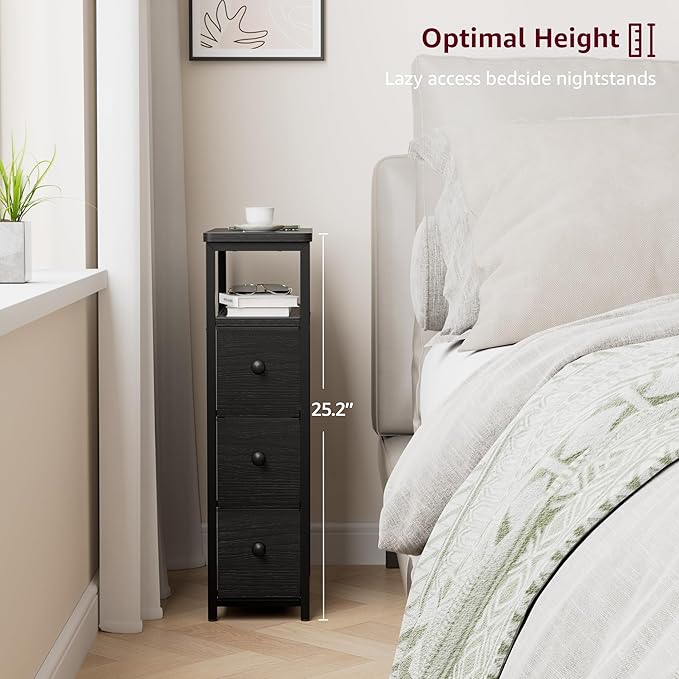 Narrow Night Stand Nightstand - Skinny Bedsides Table with 3 Drawers for Small Space Dresser for Bedroom Living Room Slim Side Table, Black
