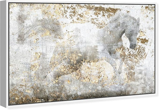The Oliver Gal Artist Country Farmhouse Canvas Print Painting Animal Wall Art 'Running Horse' Framed Gallery Wrapped Canvas Rustic Home Décor 54 in x 36 in,White, Gold