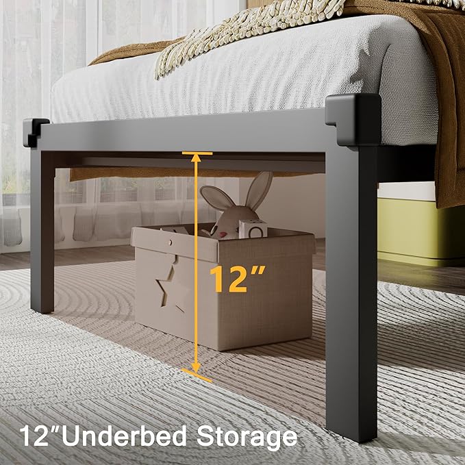 Twin Size Metal Bed Frame, Platform Bed with Faux Leather Button Tufted Headboard, 12" Underbed Storage, Steel Slats Support, No Box Spring Needed, Easy Assembly, Noise-Free, Black