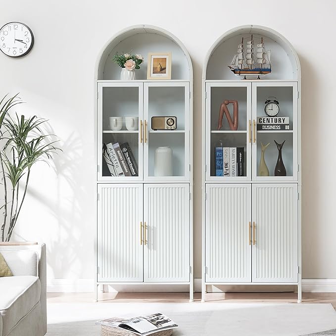 Arched Bookcase Book Shelf with Glass Doors, 5 Tier Display Bookshelf Tall Cabinet with Storage, Industrial Floor Standing Bookshelves Open bookcases for Home Office, Living Room(White)