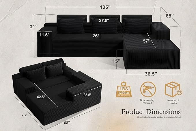 HABUTWAY Sectional Couches for Living Room,No Assembly L Shaped Couch 105" Modular Sectional Sofa Couch with Deep Seat,Cloud Couches Furniture Sets for Apartment,Corduroy (Black, Right Facing)