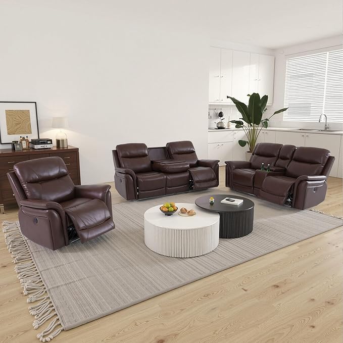 Breathable Leather Power Recliner Sofa Set, 3 Piece Living Room Furniture Set, Reclining Sofa Loveseat Chair Set with LED Lighting/USB Port/Cup Holders/Storage for Home Theater (Reddish Brown)