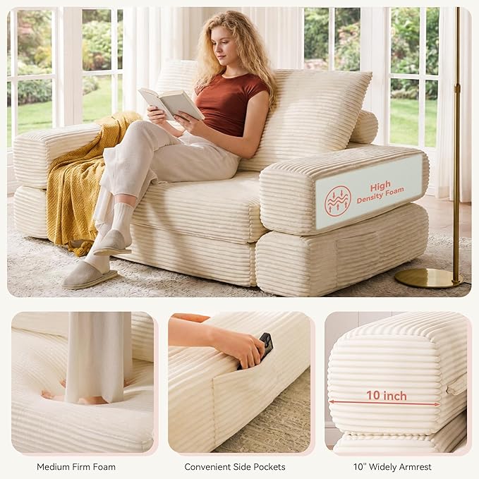 Jocoevol 4-in-1 Convertible Folding Sofa Bed, 68"L x 78"W Queen Size Foldable Sleeper Sofa Bed, Wide Corduroy Upholstery, Boneless Mattress Couch with Armrests & Neck Pillow for Living/Bedroom, Beige