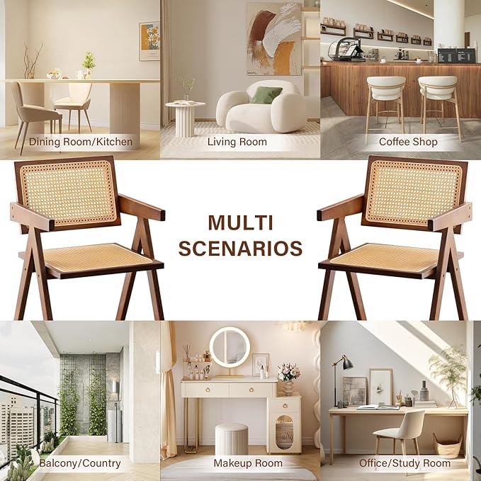 Rattan Accent Chairs, Modern Mid Century Dining Chairs Set of 4, Comfy Armchairs, Outdoor Rattan Chairs with Armrest for Bedroom Living Room Reading Room Dining Kitchen, Brown