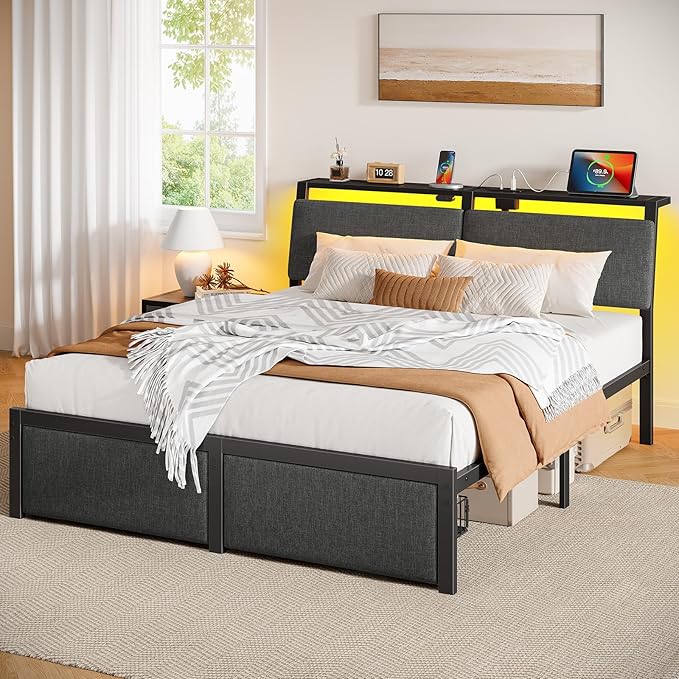 Rolanstar Full Size Bed Frame with Ergonomic Headboard Storage & Charging Station, Upholstered Platform Bed with LED Light & Drawer, Heavy Duty Metal Slats, Noise Free, No Box Spring Needed, Grey