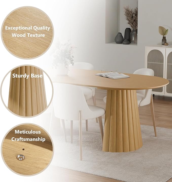 Casaphoria 79" Oval Dining Table, Modern Wood Kitchen Table with Cone Shaped Stripe Convex Base for Living Room & Dining Room, Easy Assembly Farmhouse Furniture for 6-8, Oak
