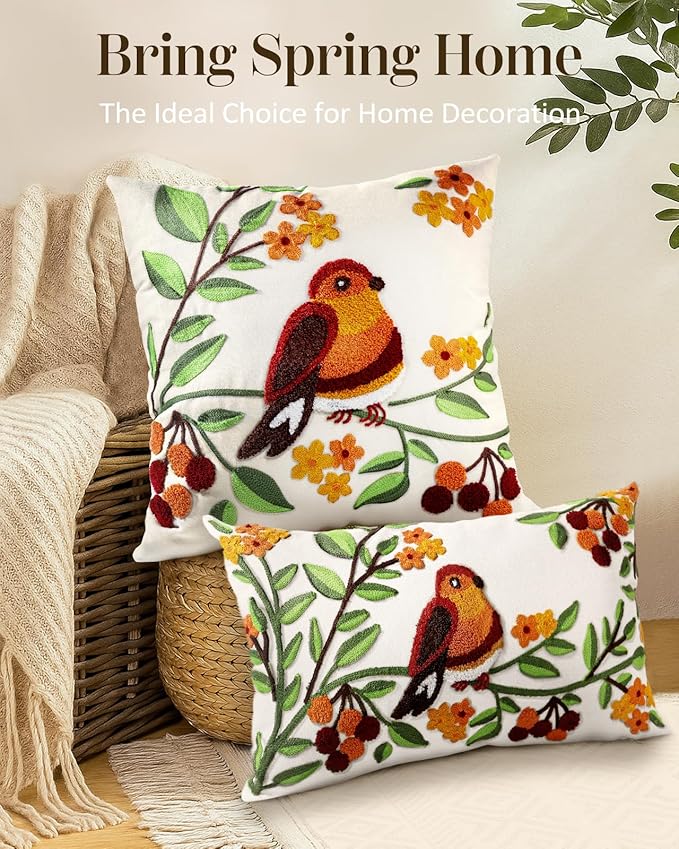 Embroidered Throw Pillow Cover - 20x20 Decorative Pillow Cover with Zipper Aesthetic Cute Design Boho Spring Summer Throw Pillowcase for Living Room Couch Sofa Bed, Tree Bird