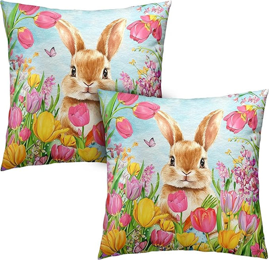 Easter Bunny Pillow Covers 24x24 Set of 2 Lovely Rabbit with Tulip Throw Pillow Covers Spring Pillow Case Floral Cotton Blend Cushion Case for Easter Decor Sofa Patio Garden