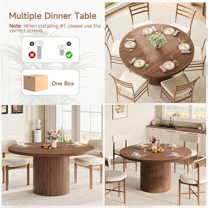 Round Kitchen Dining Table for 4-6 People, 47 inch Mid-Century Circle Dinner Tables, Rustic Wood Base in Fluted Design, Space Saving Dining Room Furniture, Large Table Only for Family Party, Walnut