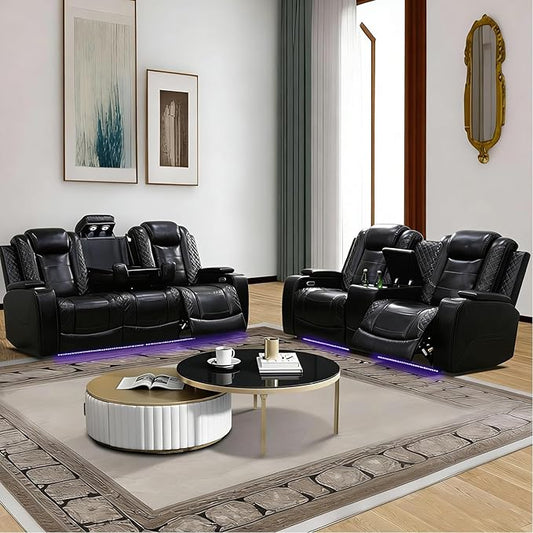 Power Reclining Sofa Set for Living Room, Leather Recliner Loveseat and Couch with Drop-Down Table, Power Pads, Cup Holders, Storage Console for House/Home Teather(Sofa and Loveseat, Black)
