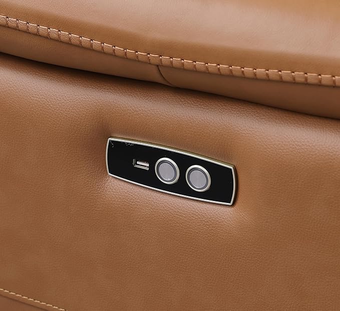 BlackJack Furniture Venice Top Grain Italian Leather Recliner 7 Seater 6 Power Reclining 3 Piece Sofa Set with Adjustable Headrests Modern Seating Sofa, Loveseat and Chair for Living Room , Cognac