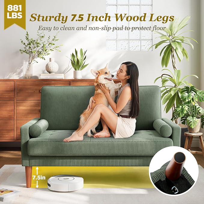 Vesgantti Loveseat Sofa with Solid Wood Legs,48" Small Corduroy Couches for Small Spaces, Mid Century Modern Love Seat for Living Room, Bedroom, Easy Assembly with Throw Pillow, Green