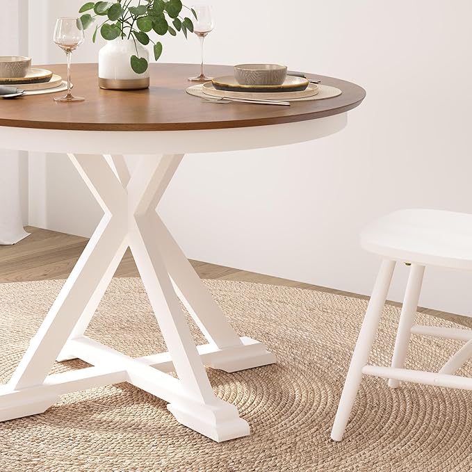 Bush Home Round Dining Table, 45 inch Trestle Design, Modern Transitional, West End Collection, Dark Brown and White