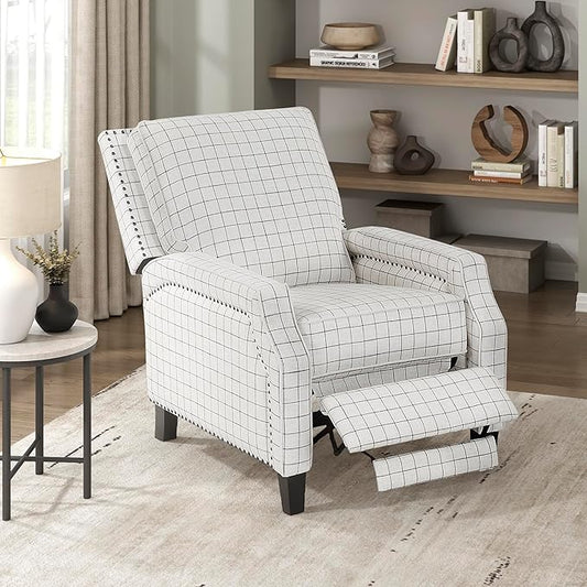 Lexicon Pushback Recliner Chair, Plaid Textured Fabric Armchair Push Back Reclining Chair, Nailhead Trim, Solid Wood Legs, Easy Assembly for Living Room/Office/Apartment, Off-White