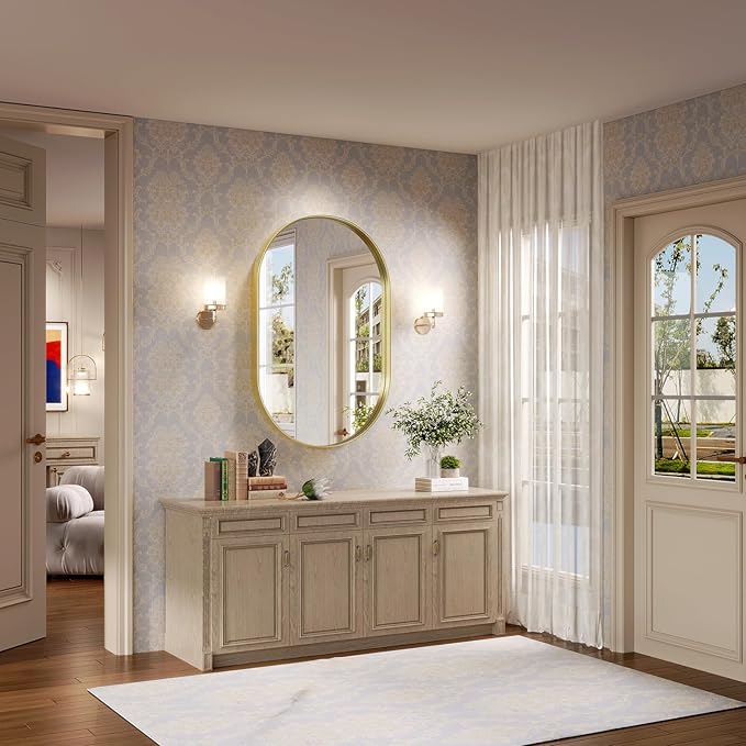Gold Oval Mirror, 22' x 30' Gold Vanity Mirror for Bathroom, Wall Mounts Vertically or Horizontally