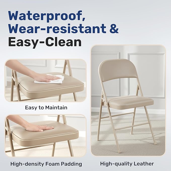 Simple Deluxe Dining Chairs Set of 4, Leather Cushion Foldable Contemporary Kitchen Side Chair with Padded Back & Sturdy Metal Legs, Upholstered Seat for Home/Living Room/Bedroom/Cafe, Tan