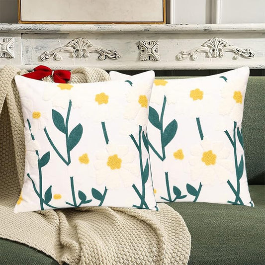 Set of 2 Embroidered Decorative Throw Pillow Covers Couch Square Pillowcases Cushion for Bedroom Sofa Farmhouse Decor 18x18 Inch (Spring Flower)