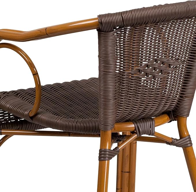 Flash Furniture 3 Pack Cadiz Series Dark Brown Rattan Restaurant Patio Chair with Red Bamboo-Aluminum Frame