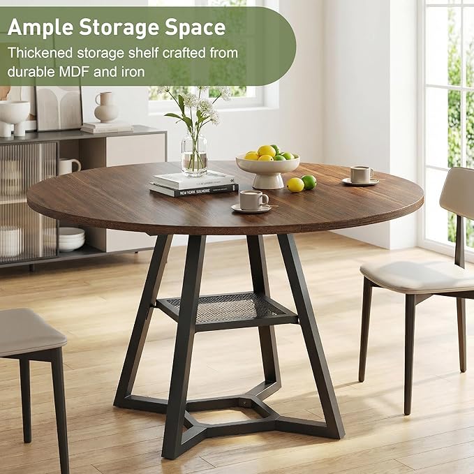 Round Dining Table for 4-6 with Storage Shelf, Kitchen & Dining Room Circle Pedestal Table, Heavy Duty Metal Frame & Wood Top