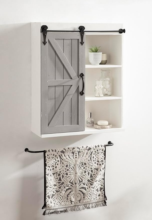 Kate and Laurel Cates Rustic Wall Cabinet; 22 x 28; White and Gray; Farmhouse Wall-Mounted Storage Cabinet