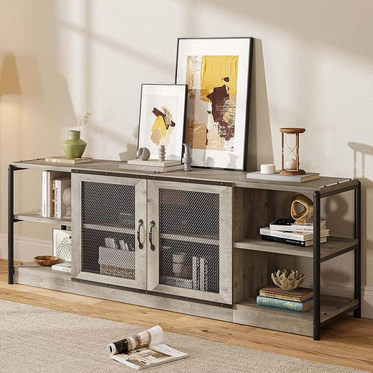 IDEALHOUSE Farmhouse TV Stand for 75/80 inches TVs, Entertainment Center with Storage Cabinet, Industrial Media Console Cabinet Table, Living Room Media Furniture, Grey