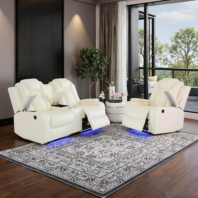 Power Leather Recliner Sofa Set with LED Light,Reclining Loveseat and Chair Set with Storage Console/USB Charger/Cup Holder,Leather Couch for Living Room Furniture Sets(2+1 Seats,Creamy)