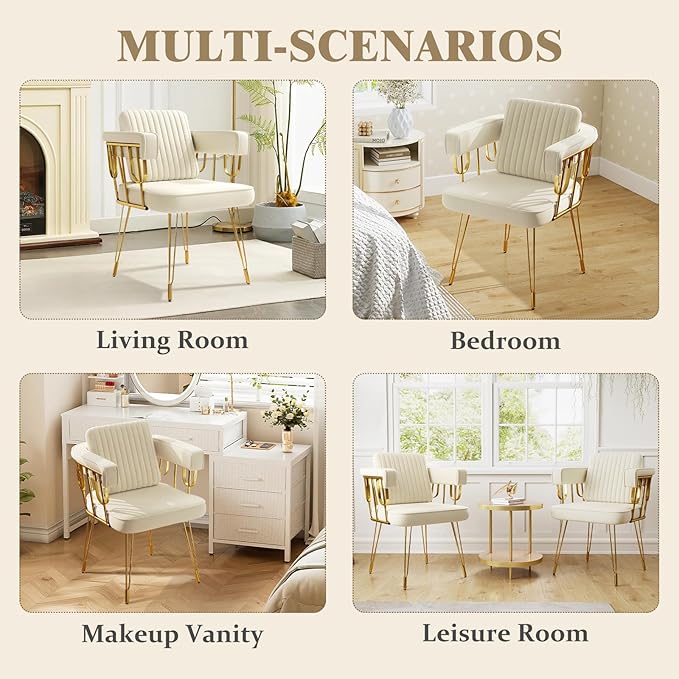 Vanity Chair with Back, Velvet Upholstered Accent Makeup Chairs No Wheels with Golden Legs for Modern Glam Living Room Bedroom Home Office Nail Spa, Girls & Women, Beige