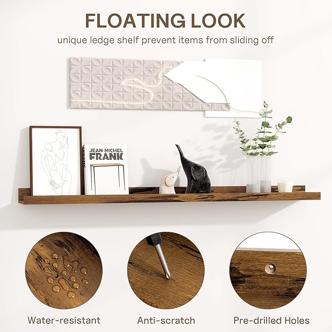 Fun Memories Long Wall Shelves Set of 2-60 Inch Floating Shelves for Wall - Picture Ledge Shelf with Lip for Storage - Wall - Mounted Shelves for Bedroom - Living Room - Kitchen - Rustic Brown