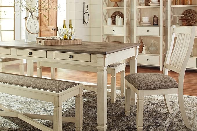 Signature Design by Ashley Bolanburg Farmhouse Rectangular Dining Table, 3 Drawers On Each Side, Seats 6, Wood, 71.88" W x 39.88" D x 31.13" H, Whitewash