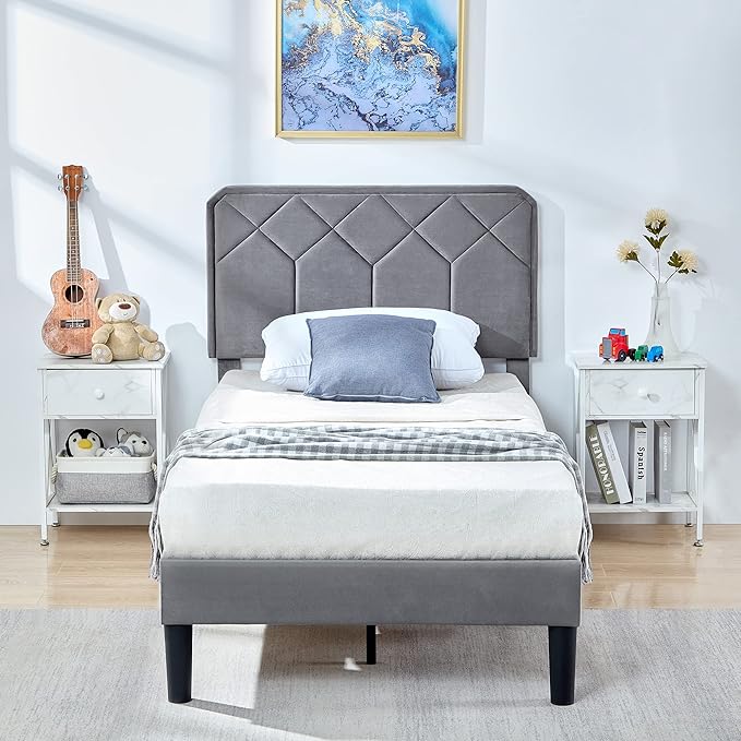 VECELO Twin Size Bed Frame, Velvet Upholstered Platform with Adjustable Headboard, Mattress Foundation with Solid Wood Slats, No Box Spring Needed, Easy Assembly