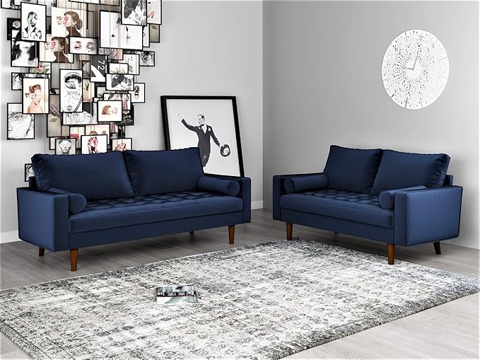 Container Furniture Direct Womble Modern Velvet Upholstered Living Room Diamond Tufted Chesterfield with Gleaming Nailheads, Loveseat, Sofa, Misty Blue