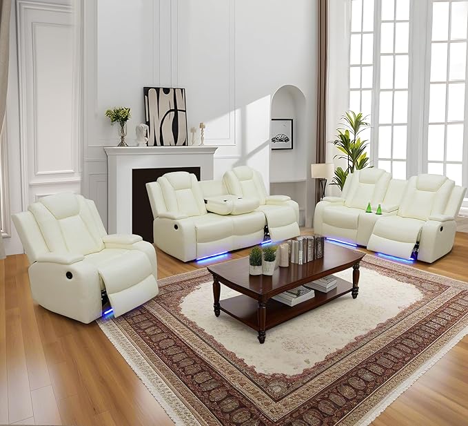 Air Leather Recliner Loveseat with Cup Holder&Storage Console, Reclining Couch for RV Living Room Home Theater (Cream White)