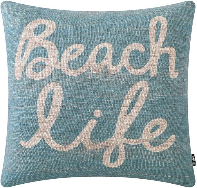 TRENDIN Beach Life Throw Pillow Cover Wood Light Blue Cushion Case Decorative Pillowcase for Sofa Couch Bed Office Car 18x18 inch PL650TR