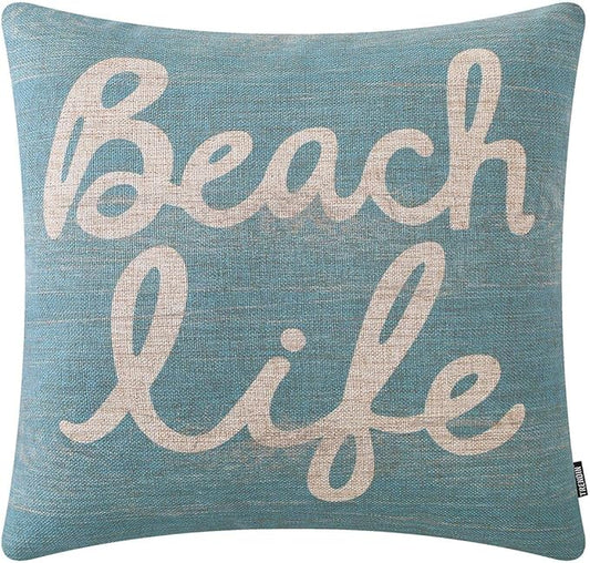 TRENDIN Beach Life Throw Pillow Cover Wood Light Blue Cushion Case Decorative Pillowcase for Sofa Couch Bed Office Car 18x18 inch PL650TR