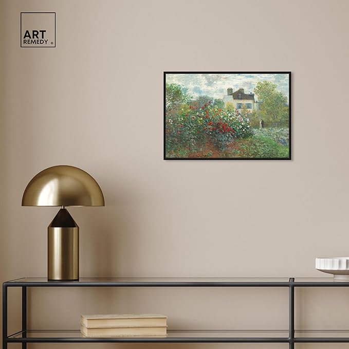 Art Remedy Monet-Garden With Dahlias Impressionism Classic Landscape Paintings Canvas Wall Art, Black Floater Frame, 16"x24"