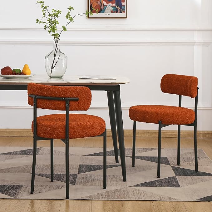 EDWELL Orange Dining Chairs Set of 2, Upholstered Dining Room Chairs, Curved Backrest Boucle Dining Chair for Kitchen, Living Room, Mid-Century Modern Kitchen Chairs with Black Metal Legs