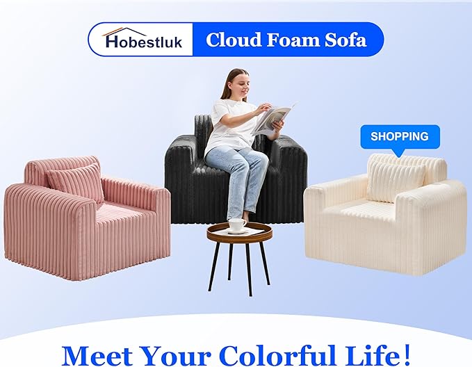 Hobestluk Single Sofa Foam Couch Sofa for Small Spaces Comfy Sofas with Removable Cover Furry Couch with Pillows for Living Room, Bedroom, Apartment, Office (Black, Standard)