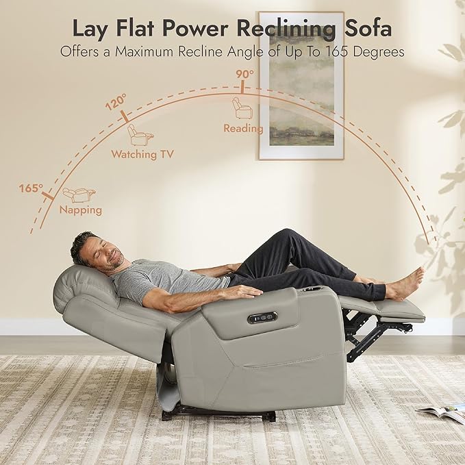 Watson & Whitely Genuine Leather Power Recliner Sofa, Lay Flat Reclining Sofa with Storage Console, Power Headrest & Cup Holders, 3 Seater Electric Reclining Couch for Living Room, Grey