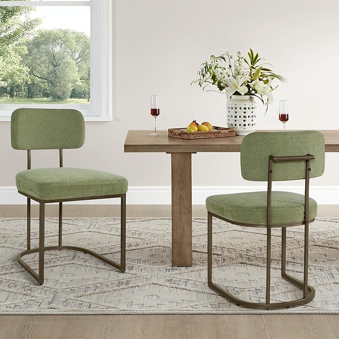 Dining Chairs Set of 2, Upholstered Modern Kitchen Chairs with Ergonomic Backrest, Fabric Cushion Seat & Wire Drawing Metal Legs for Living Room, Restaurant, and Café, Olive