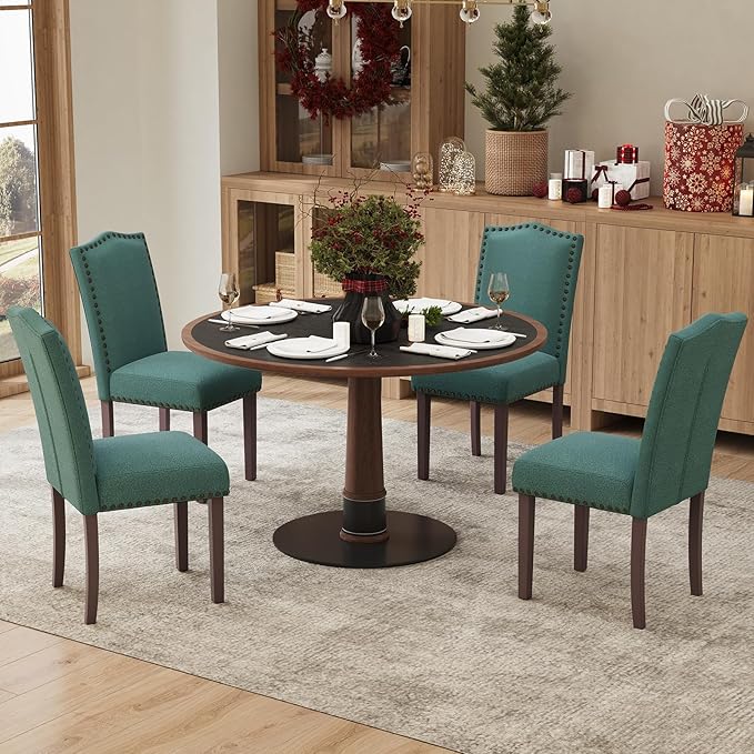 Dining Chairs Set of 4, Soft Comfortable Upholstered Parsons Dining Chairs with High-Density Cushion & Solid Wood Legs, Elegant Nailhead Trim for Dining Room, Kitchen, Living Room – Green