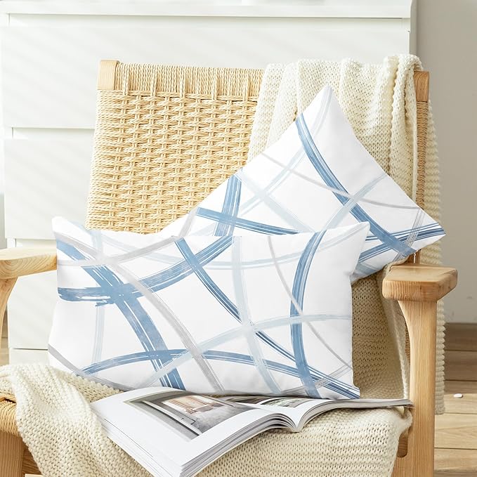 CaliTime Throw Pillow Cases Pack of 2 Cozy Fleece Arc-Shaped Abstract Geometric Lines Decorative Cushion Covers for Couch Bed Sofa Farmhouse Decoration 12 X 20 Inches Light Blue Grey