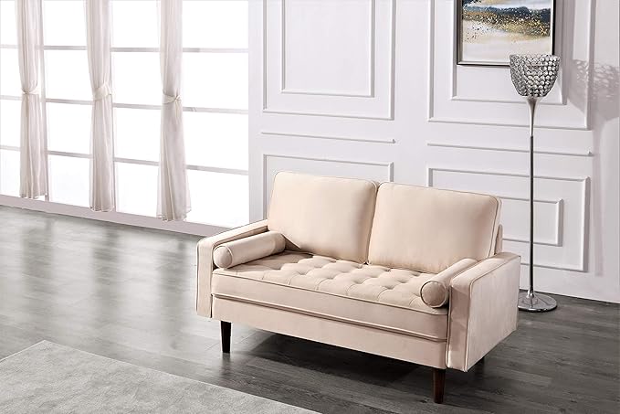Container Furniture Direct Womble 58 Inch Velvet Loveseat Sofa with Elegant Button Tufted Upholstery, Square Arms, Splayed Wood Legs, Includes Matching Bolster Pillows, Biscuit