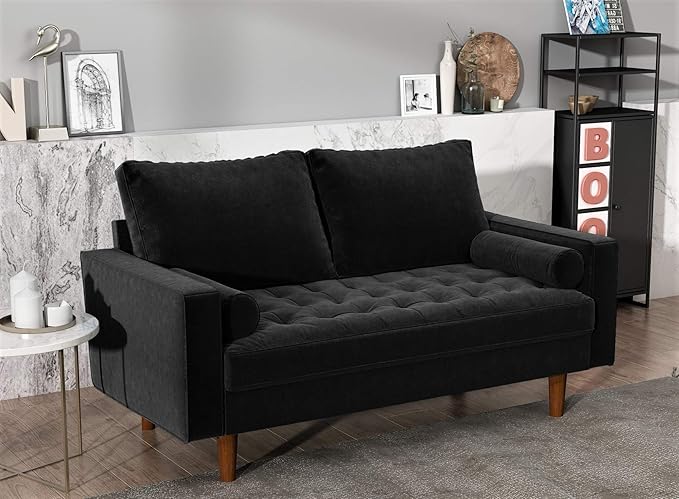 Container Furniture Direct Womble 58 Inch Velvet Loveseat Sofa with Elegant Button Tufted Upholstery, Square Arms, Splayed Wood Legs, Includes Matching Bolster Pillows, Midnight