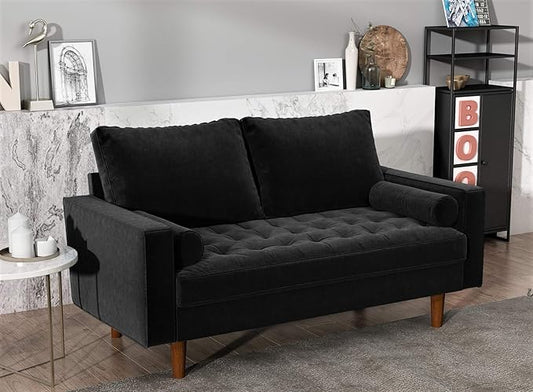 Container Furniture Direct Womble 58 Inch Velvet Loveseat Sofa with Elegant Button Tufted Upholstery, Square Arms, Splayed Wood Legs, Includes Matching Bolster Pillows, Midnight
