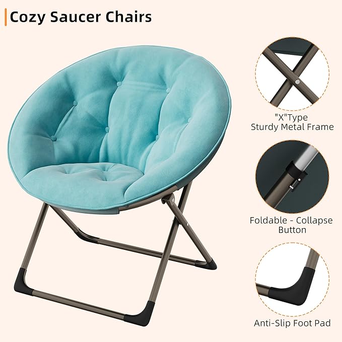 Comfy Oversized Saucer Chair, Soft Furry Padded Accent Lazy Sofa Chair for Adults, X-Large Metal Frame Folding Lounger for Bedroom, Living Room, Home Office, Blue+Gold