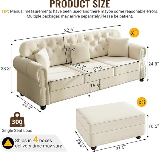 KEIKI 83" Velvet Chesterfield Sofa with Rolled Arms & Nailhead Trim & 3 Ottoman, Modern 3-Seater Button Tufted Couch with High Resilience Cushion & 3 Pillow, Easy Assembly, for Living Room, White