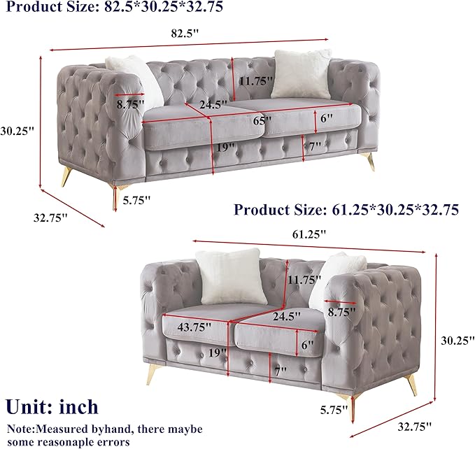 KEIKI 2-Piece Luxury Chesterfield Sofa Set with 1 Velvet 3-Seater Sofa & 1 Loveseat Sofa, Mid-Century 5-Seater Tufted Button Couch Set with 4 Pillow & High-Density Foam Cushion, for Living Room, Gray